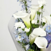 Букет из дельфиниума, гвоздики кустовой, калл