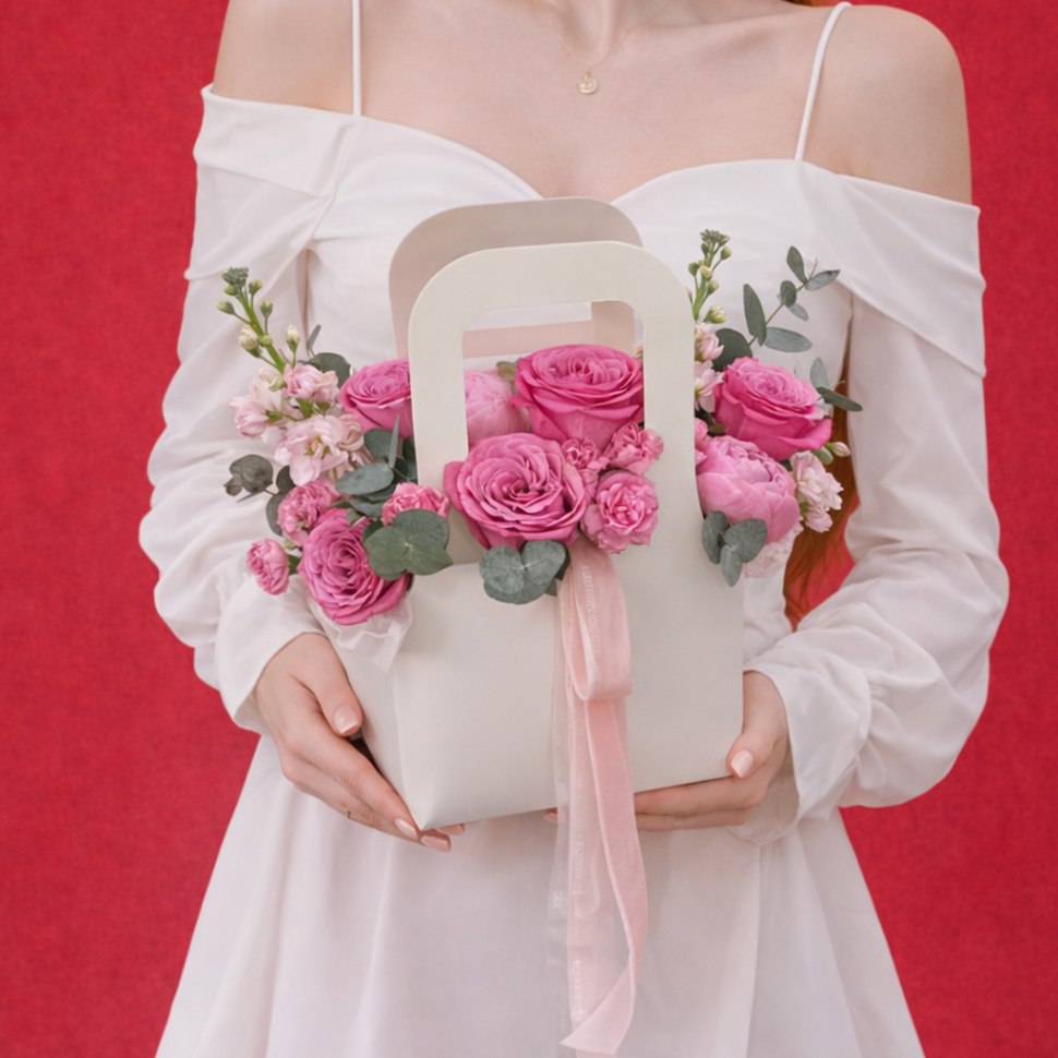 Композиция в сумке с кустовыми розами, пионами