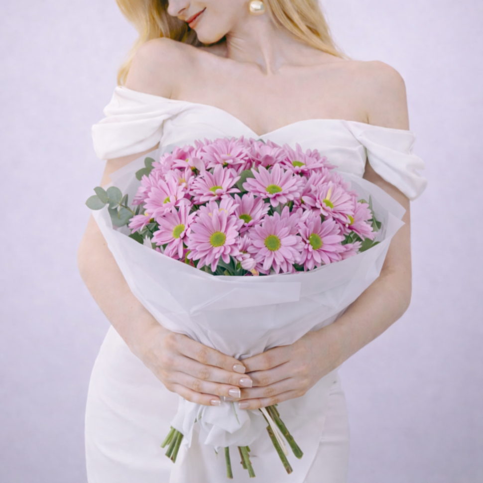 Букет из 9 хризантем кустовых и эвкалипта