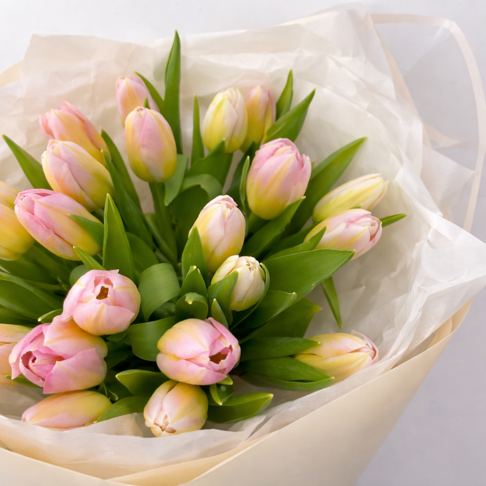 Букет из 25 тюльпанов в оформлении