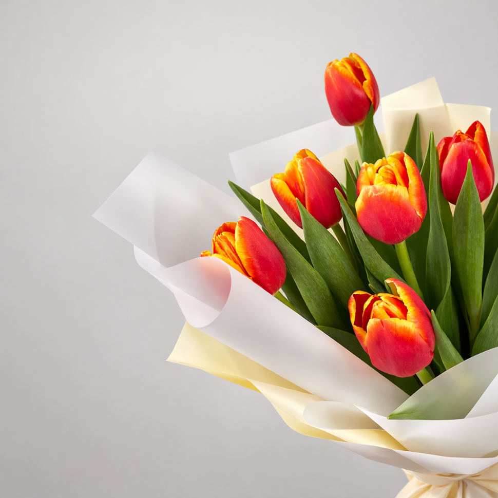 Букет из 9 тюльпанов в оформлении