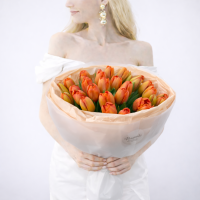 Букет из 25 оранжевых тюльпанов в оформлении