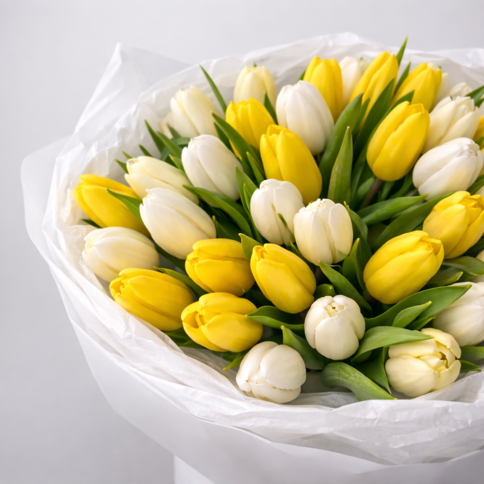 Букет из 51 белого и желтого тюльпана в оформлении