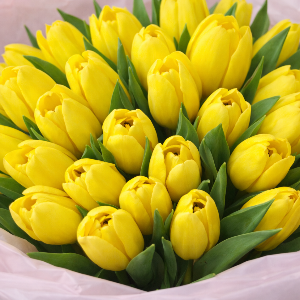 Букет из 51 желтого тюльпана в оформлении