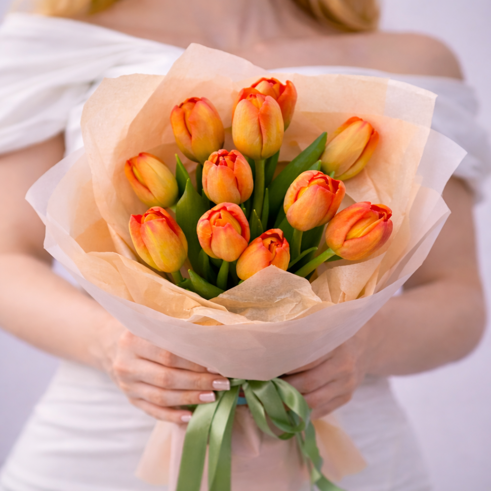 Букет из 11 оранжевых тюльпанов в оформлении